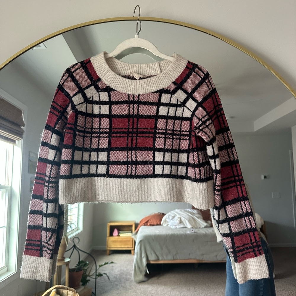 Altar'd State Plaid Crew Neck Sweater - Red and Pink
